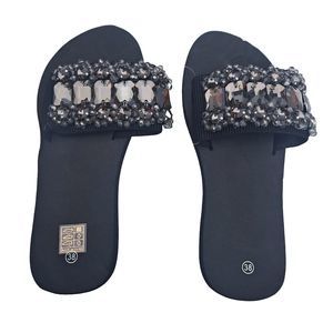 Black Silver Rhinestones Sandal Slides Womens Embellishment Shoes Sz 38